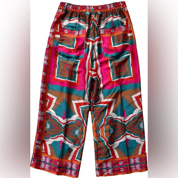 Zara Wide‎ Leg Palazzo Pants Sz Med Bright Floral Print Mod Flower Satin Look - Picture 3 of 14